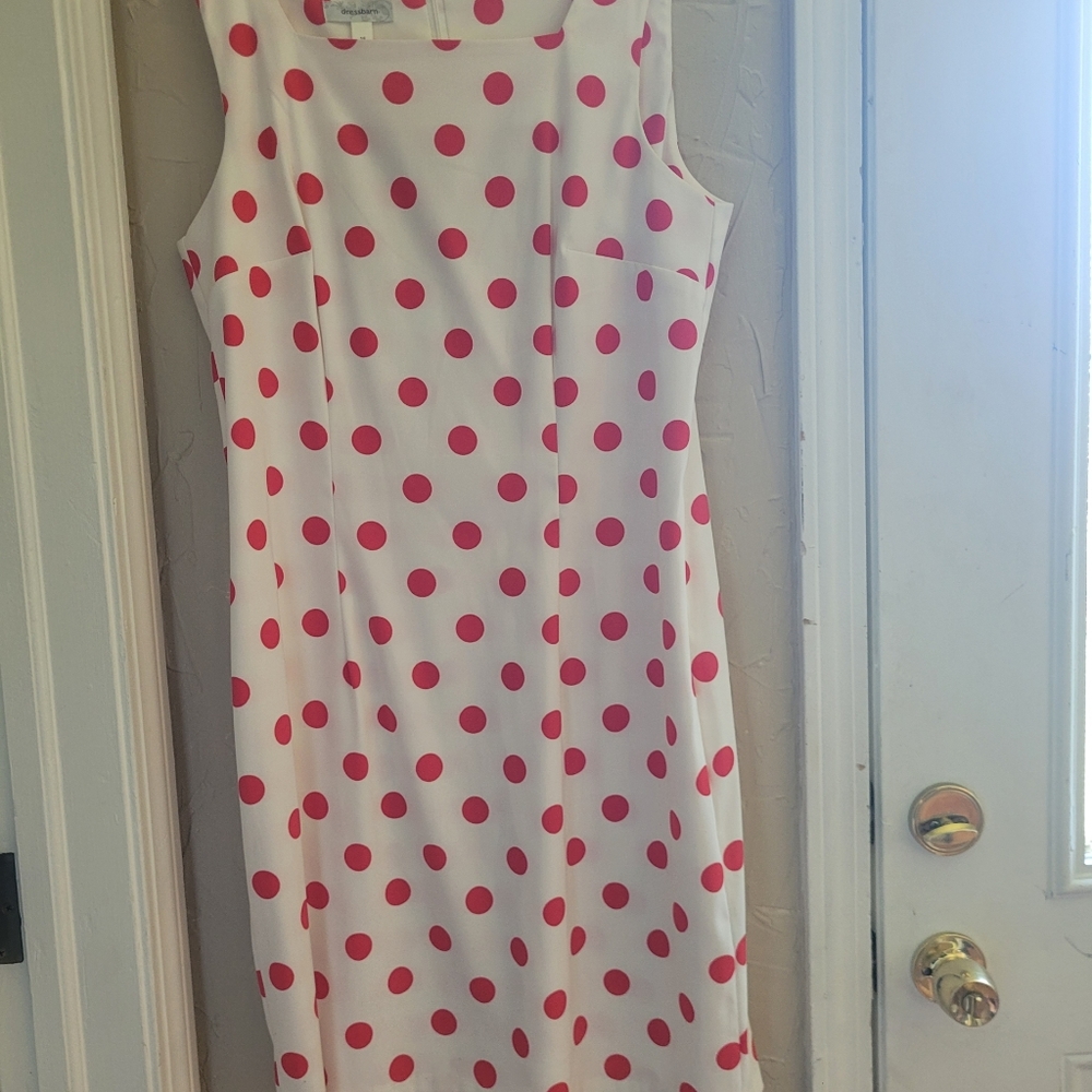 Dress Barn plus size white and red polka dot dress, midi length, size 16